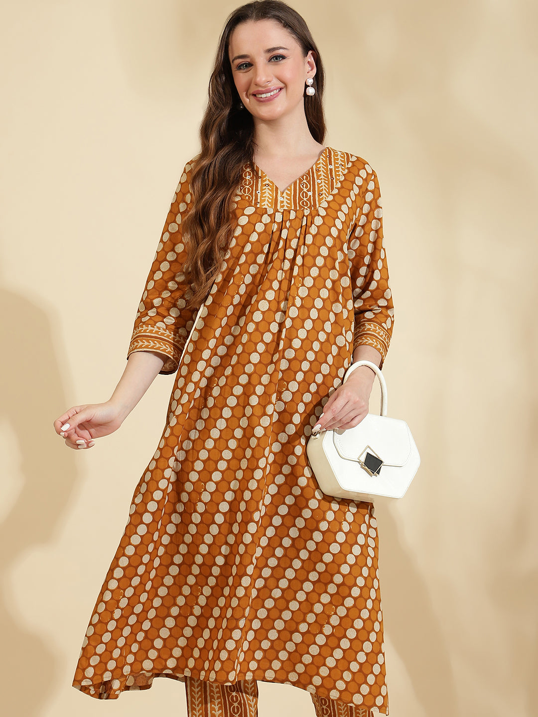 Womens Mustard Printed A Line Regular Size Kurta Set