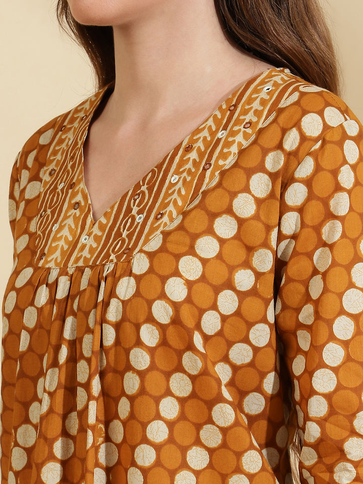 Womens Mustard Printed A Line Regular Size Kurta Set