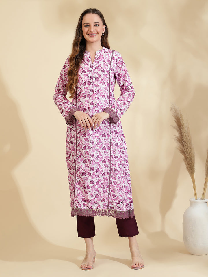 Womens Purple Schiffli Kurta with Trouser