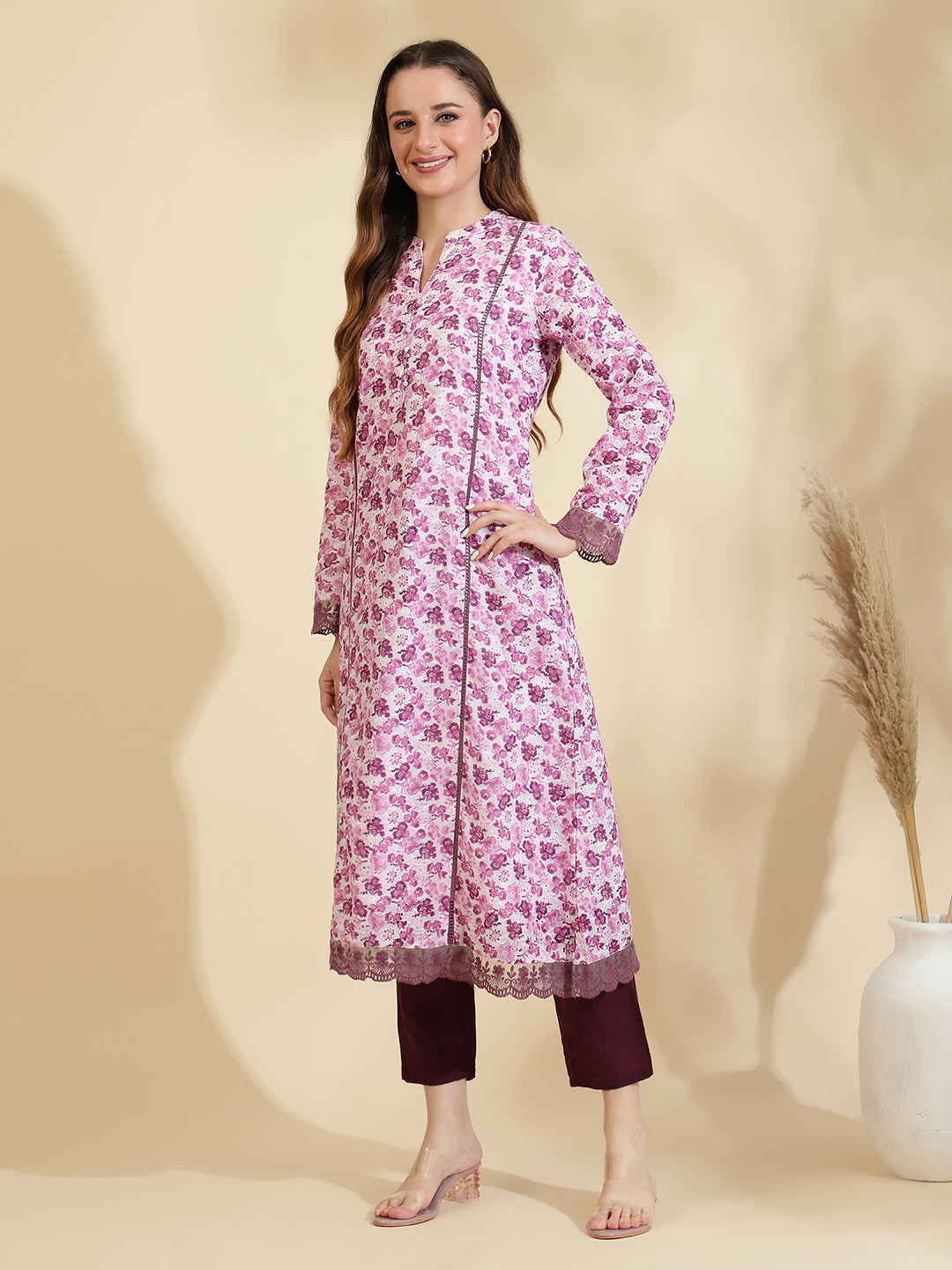 Womens Purple Schiffli Kurta with Trouser