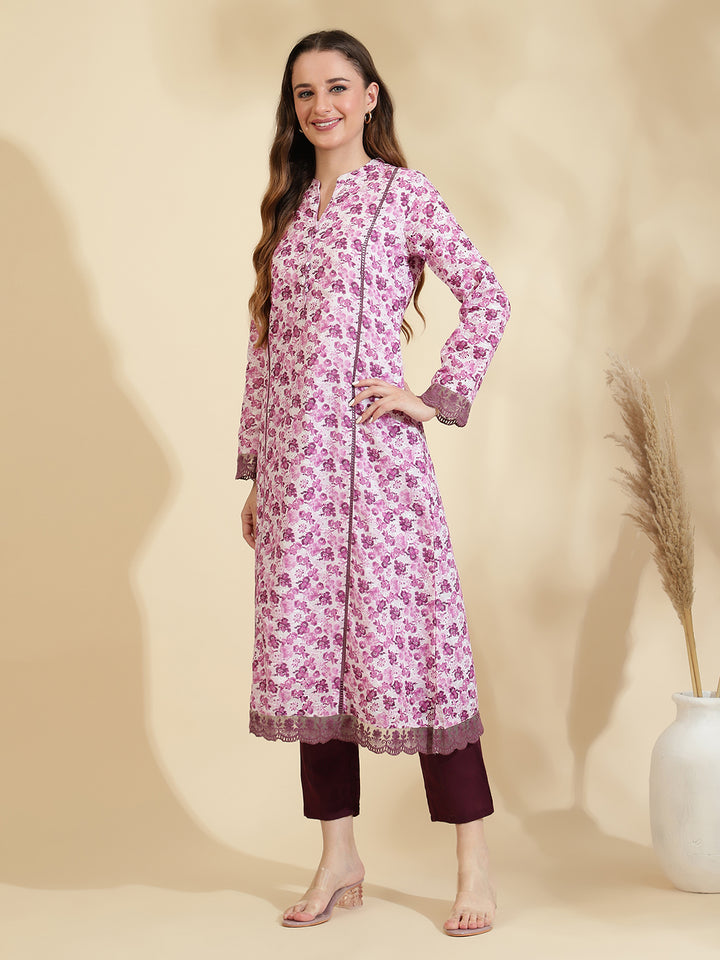 Womens Purple Schiffli Kurta with Trouser