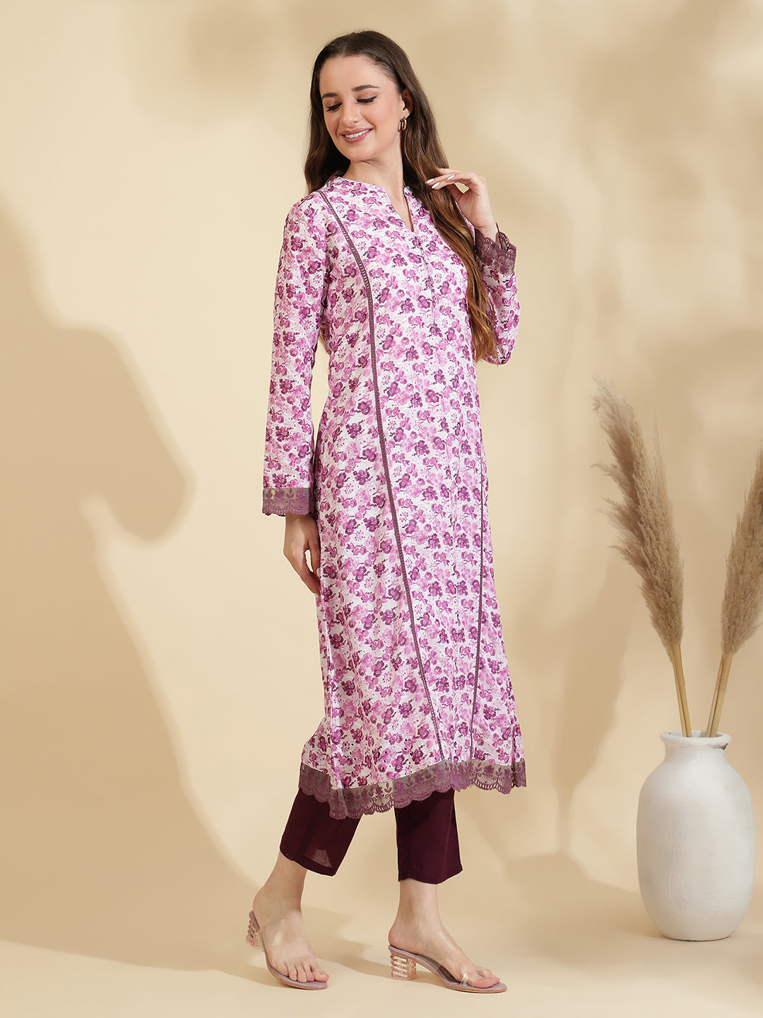 Womens Purple Schiffli Kurta with Trouser