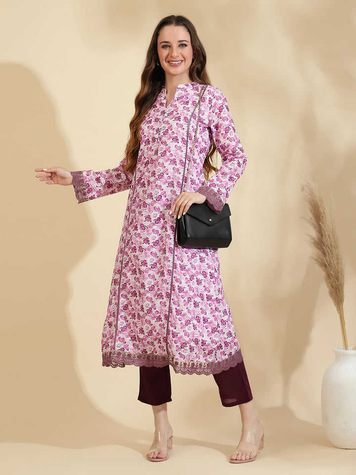 Womens Purple Schiffli Kurta with Trouser