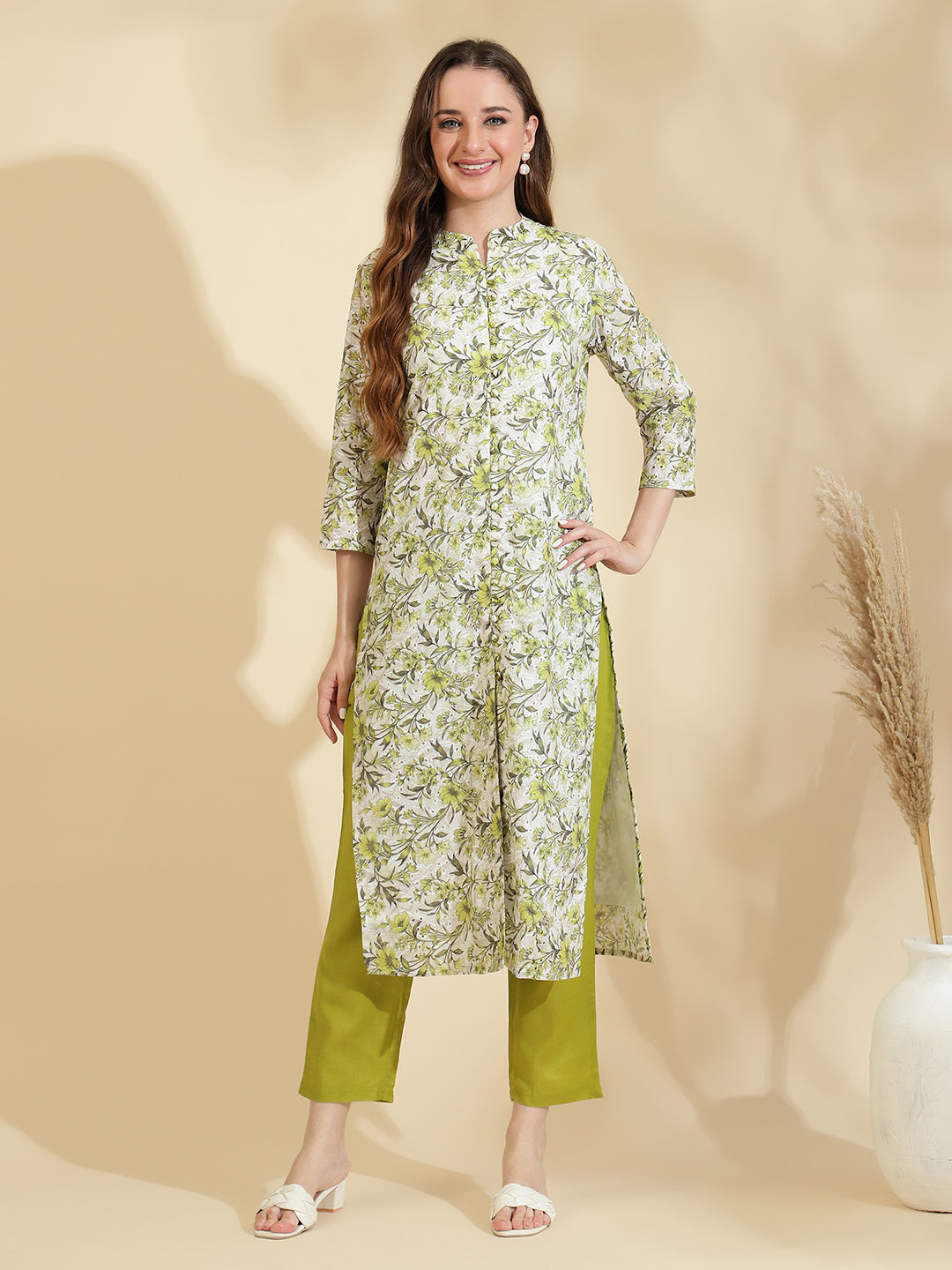 Womens Green Schiffli Kurta with Trouser