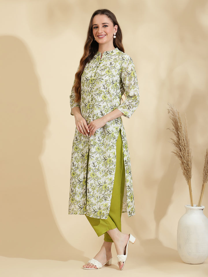 Womens Green Schiffli Kurta with Trouser