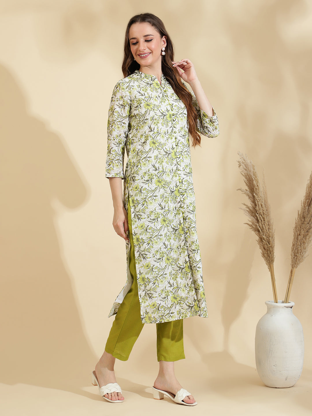 Womens Green Schiffli Kurta with Trouser