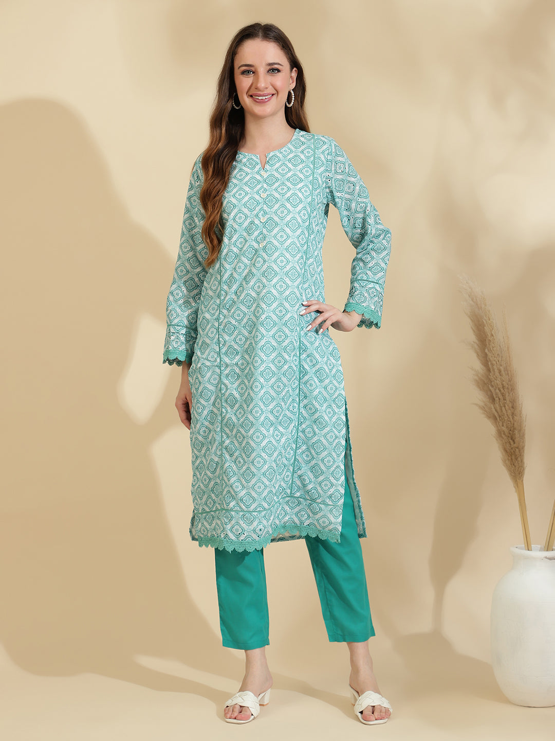 Womens Green Schiffli Kurta with Trouser