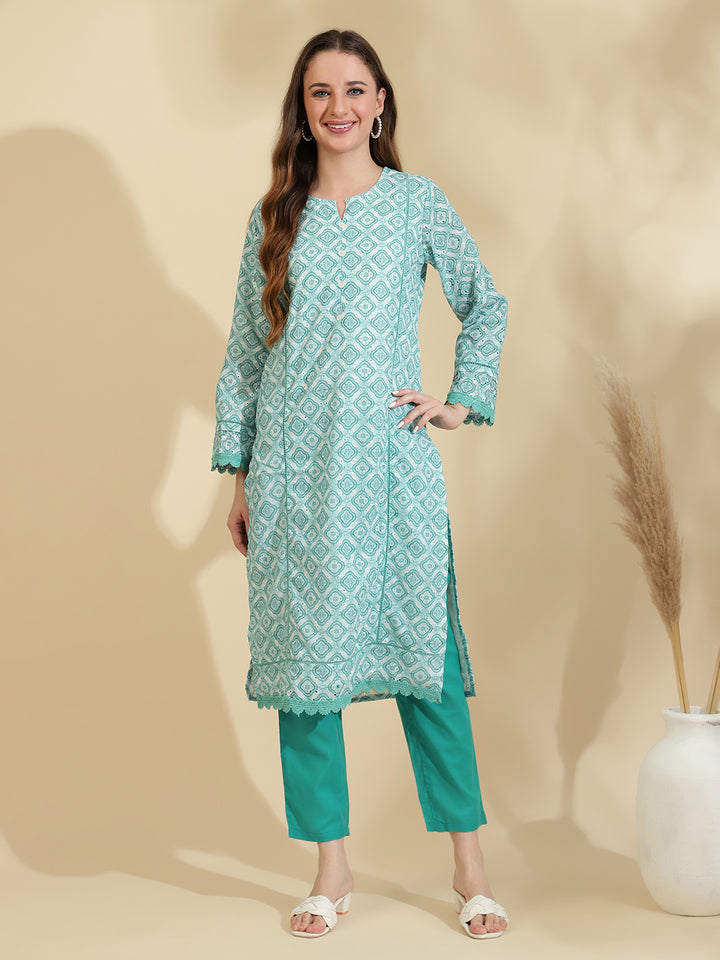 Womens Green Schiffli Kurta with Trouser