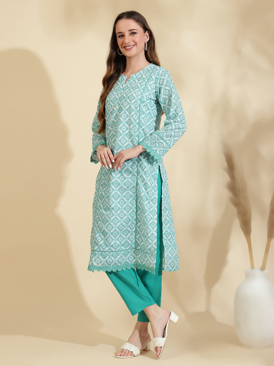 Womens Green Schiffli Kurta with Trouser