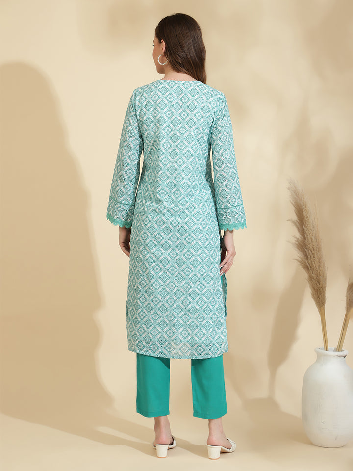 Womens Green Schiffli Kurta with Trouser