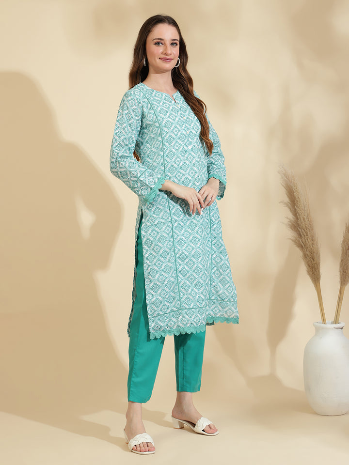 Womens Green Schiffli Kurta with Trouser