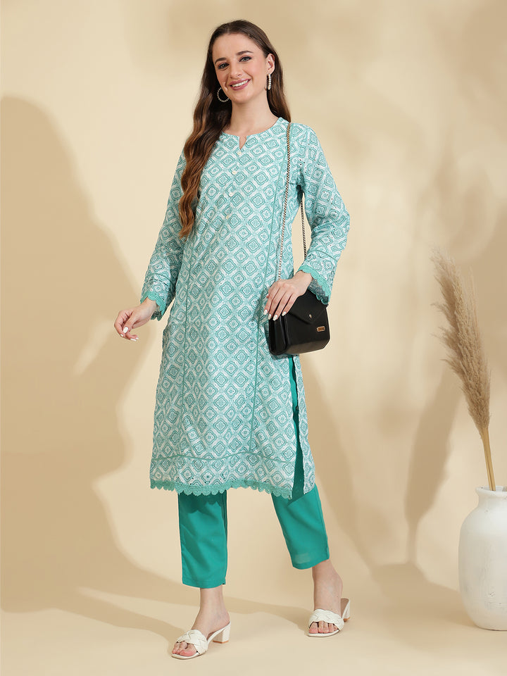 Womens Green Schiffli Kurta with Trouser