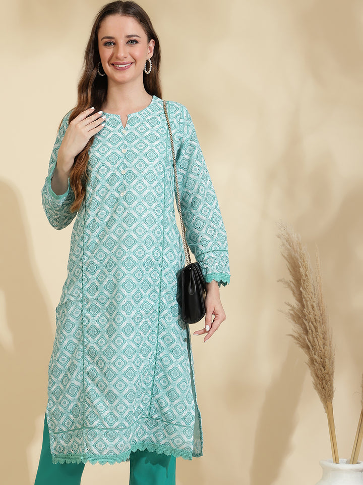 Womens Green Schiffli Kurta with Trouser