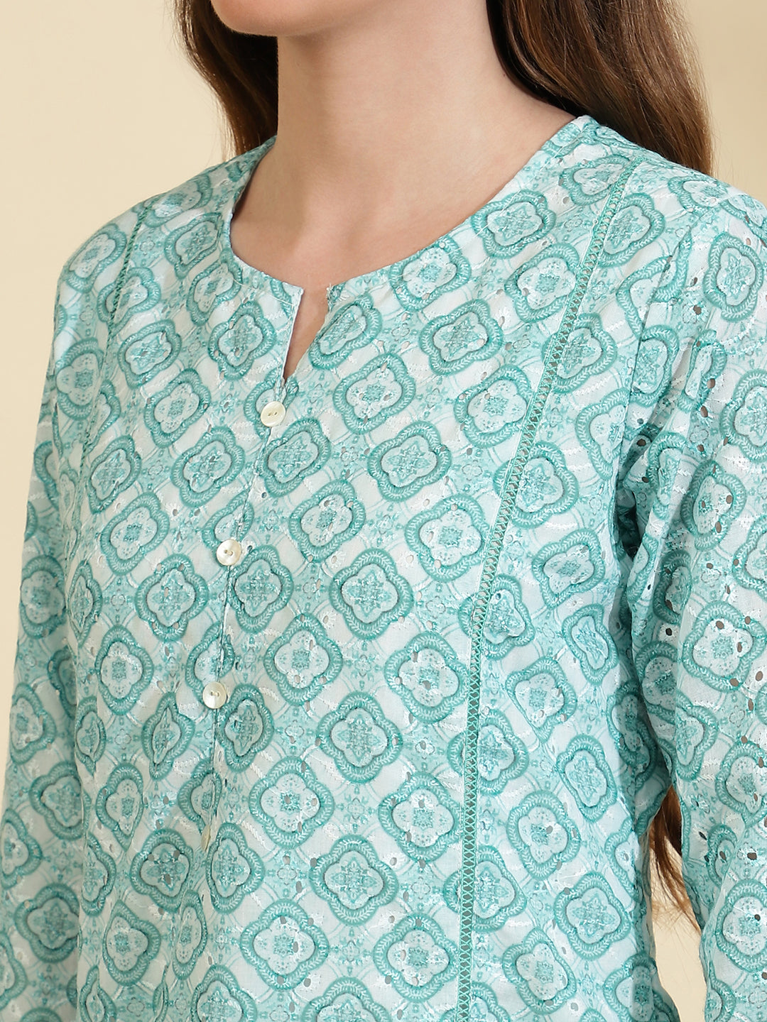 Womens Green Schiffli Kurta with Trouser