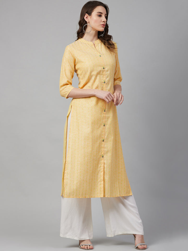 Women Yellow Striped Cotton Kurta