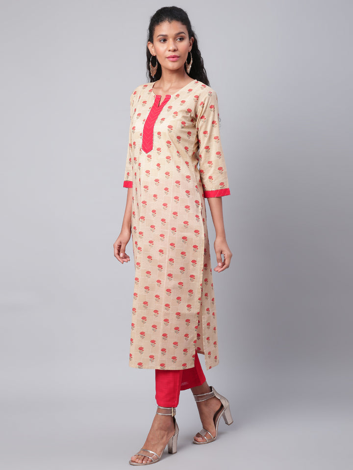 Women Beige Printed Kurta with Trousers