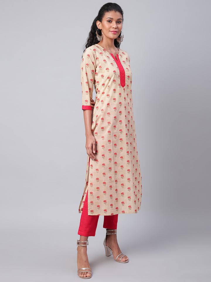 Women Beige Printed Kurta with Trousers